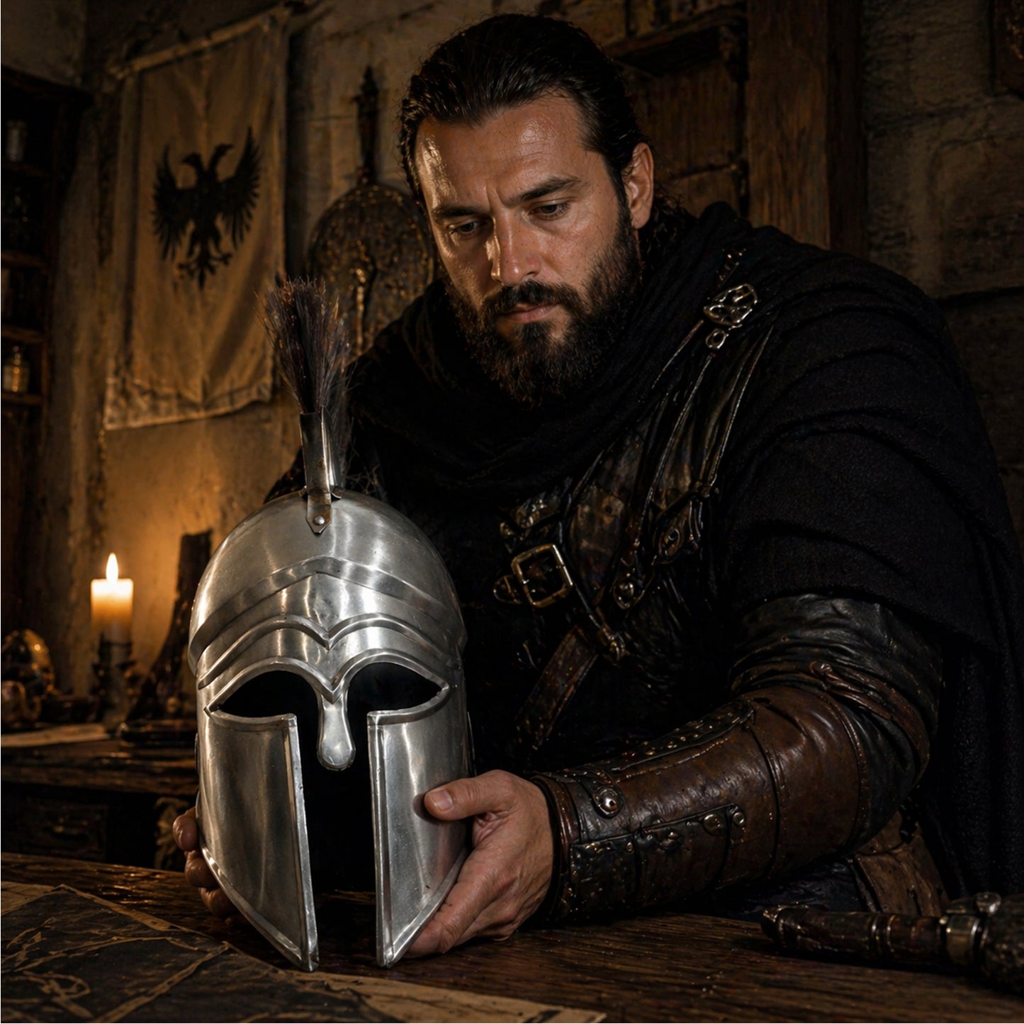 Corinthian Helmet with Black Plume – 18 Gauge Steel Greek Spartan Armor for Cosplay, LARP, Reenactment & Display ( HT-A035A )
