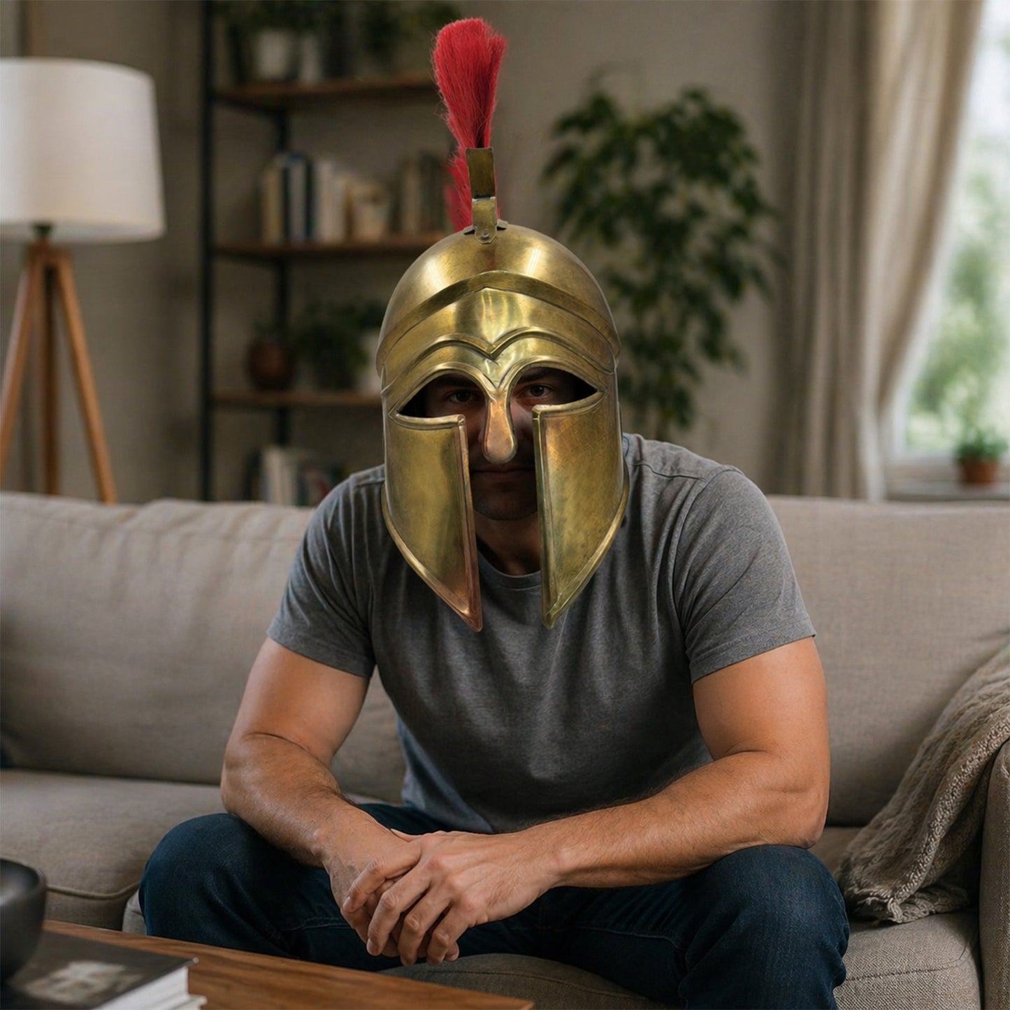 Corinthian Helmet with Brass Finish & Red Plume – Handcrafted Greek Spartan Armor for Cosplay, LARP & Renaissance (HT-A036)