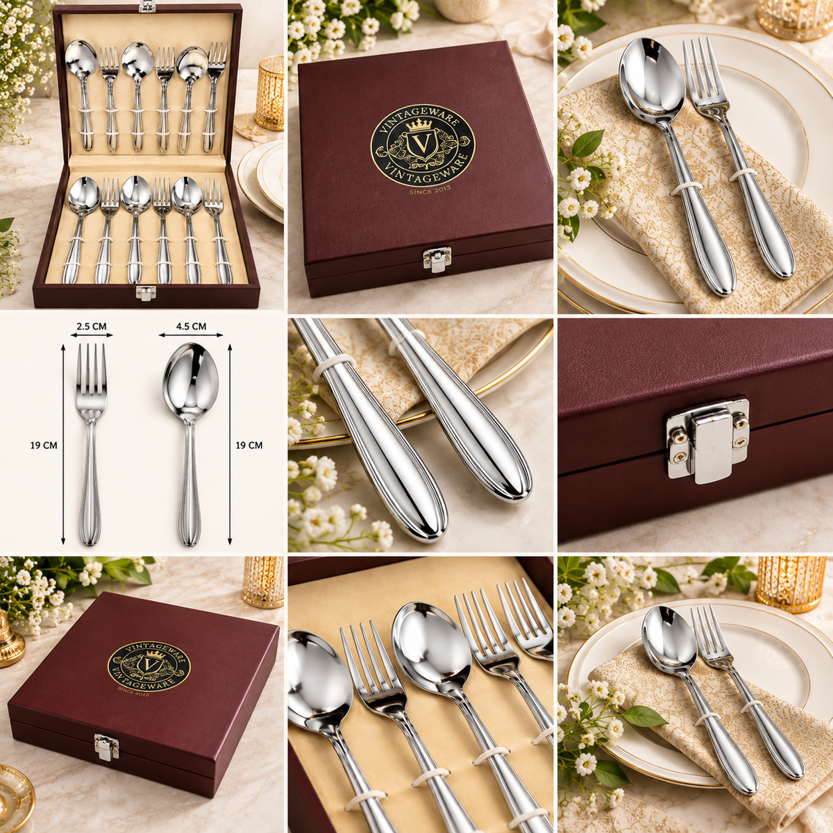 Vintageware 12-Piece Stainless Steel Cutlery Set with Premium Wooden Presentation Box – Spoon & Fork Set for Dining, Kitchen & Gifting