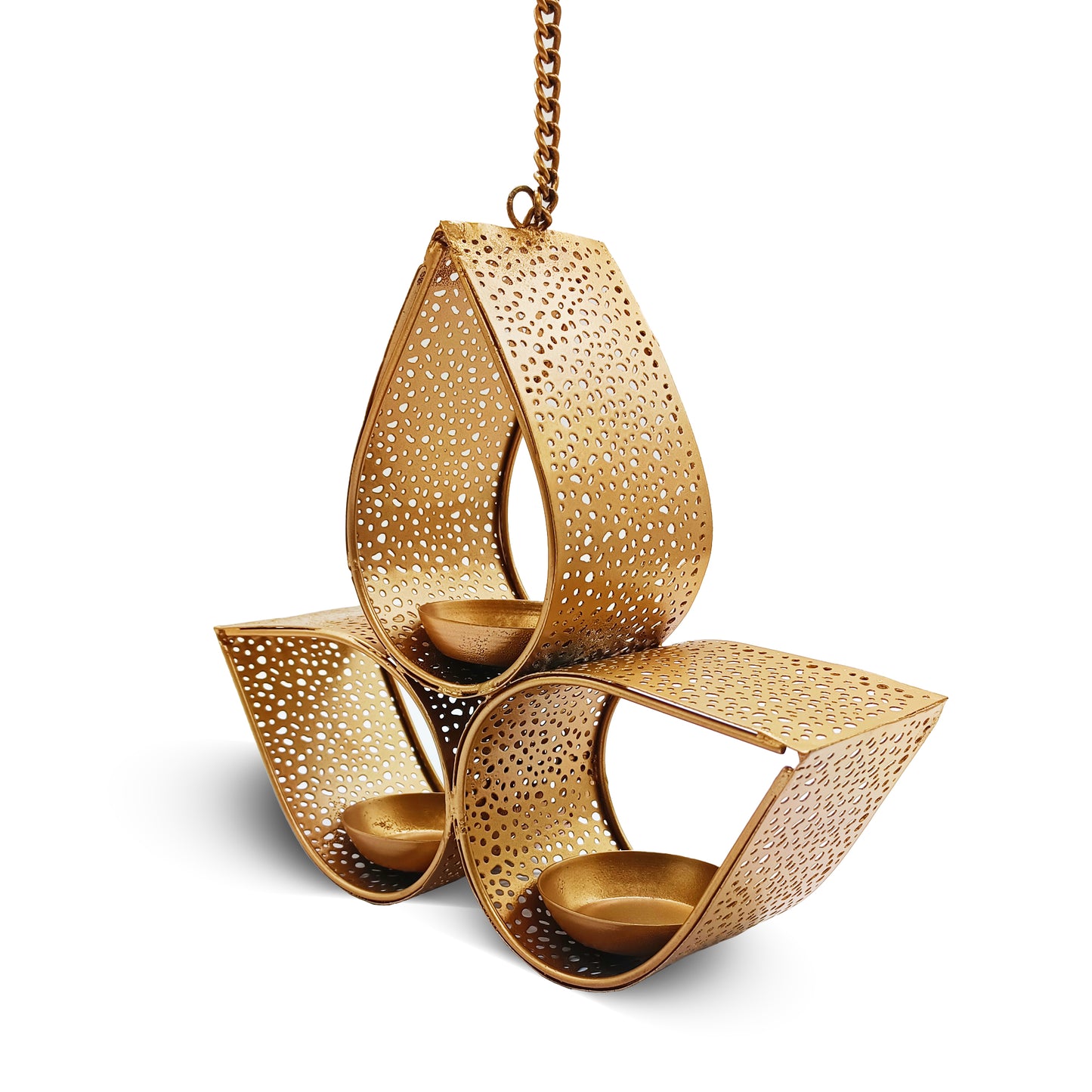 hanging tea light candle holder with lit tealight