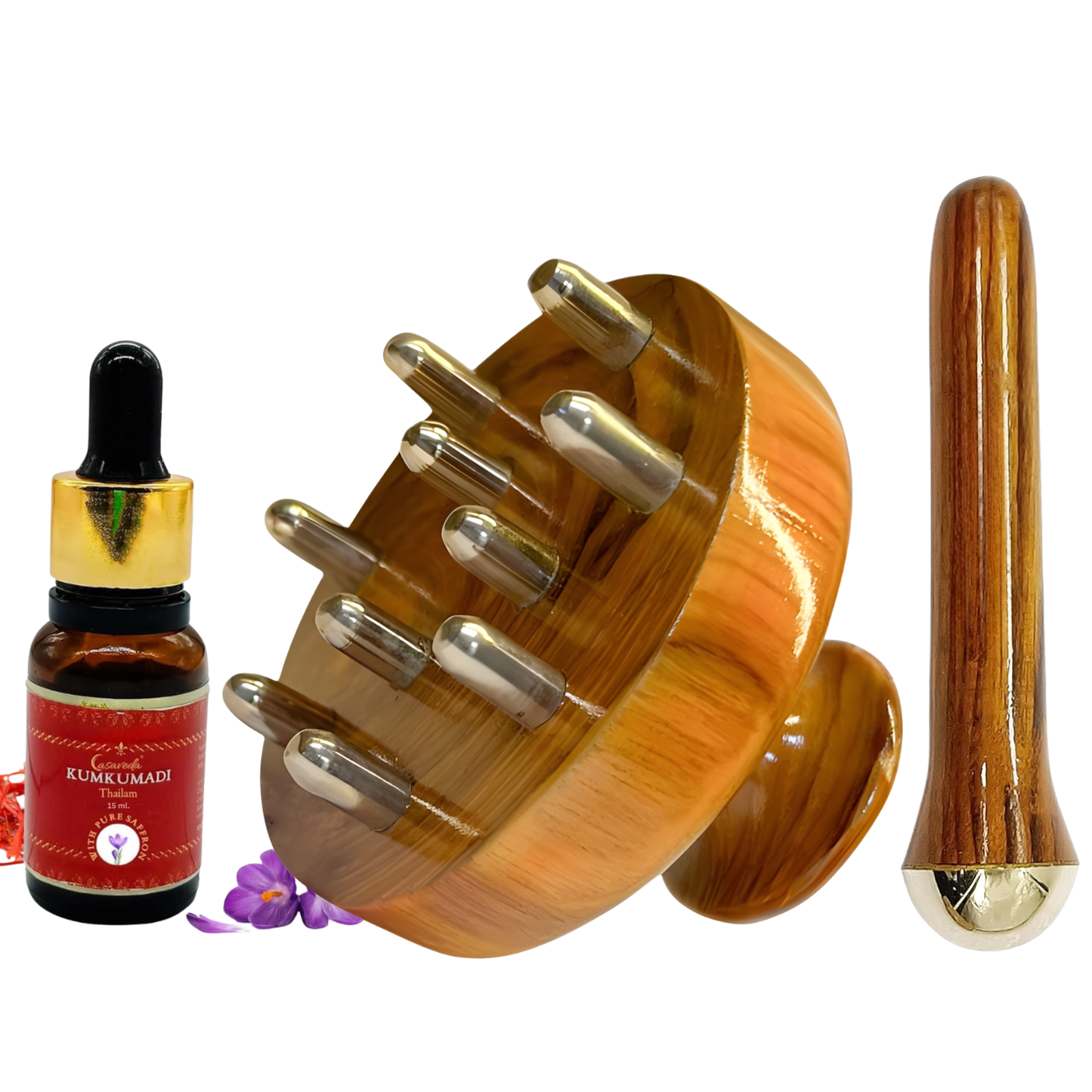 Vintageware® Ayurvedic Glow & Relaxation Set – Kansa Scalp Massager, Eye Wand & Kumkumadi Oil 15ml | Stress Relief, Hair Growth & Radiant Skin