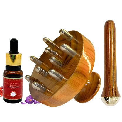 Vintageware® Ayurvedic Glow & Relaxation Set – Kansa Scalp Massager, Eye Wand & Kumkumadi Oil 15ml | Stress Relief, Hair Growth & Radiant Skin