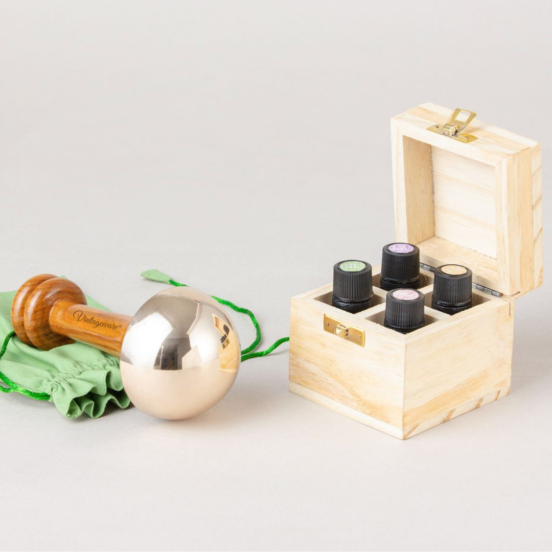 Vintageware® Ayurvedic Kansa Wand Bronze Massager with Wooden Box & Face Serum | Body, Back, and Foot Massage Tool with 4 Essential Oils