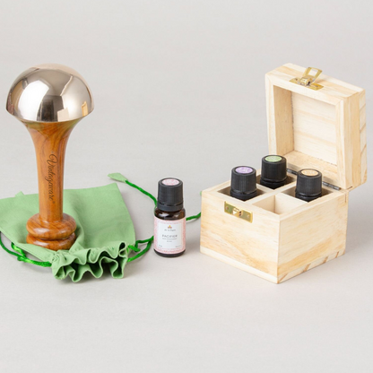 Vintageware® Ayurvedic Kansa Wand Bronze Massager with Wooden Box & Face Serum | Body, Back, and Foot Massage Tool with 4 Essential Oils