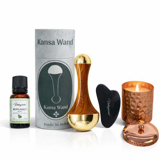 Vintageware® Ayurvedic Facial Massage Combo – Dual Kansa Wand, Gua Sha & Essential Oil