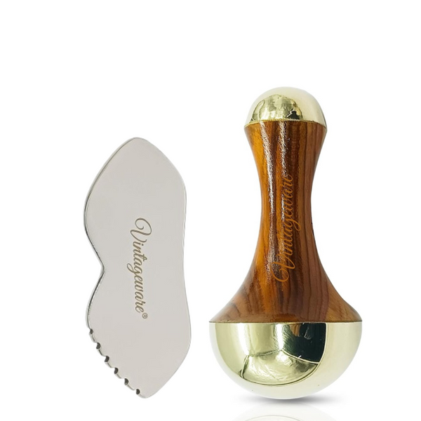 Vintageware® Ayurvedic Kansa Wand & Stainless Steel Gua Sha Set – Ultimate Relaxation & Detox Massage Duo for Face, Body & Muscle Relief