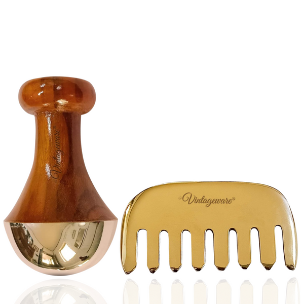 Vintageware® Ayurvedic Glow & Growth Combo | Glossy Kansa Comb + Mushroom Kansa Wand for Hair Growth, Scalp Massage & Facial Detox | Natural Wellness Tools for Men & Women