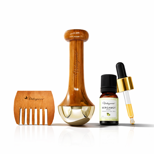 Ayurvedic Self-Care Combo – Kansa Wand, Bergamot Oil & Neem Comb
