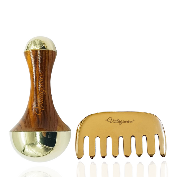 Vintageware® Ayurvedic Kansa Wellness Combo | Glossy Kansa Comb + Double-Sided Kansa Wand Massager for Scalp, Face, Body & Foot Detox