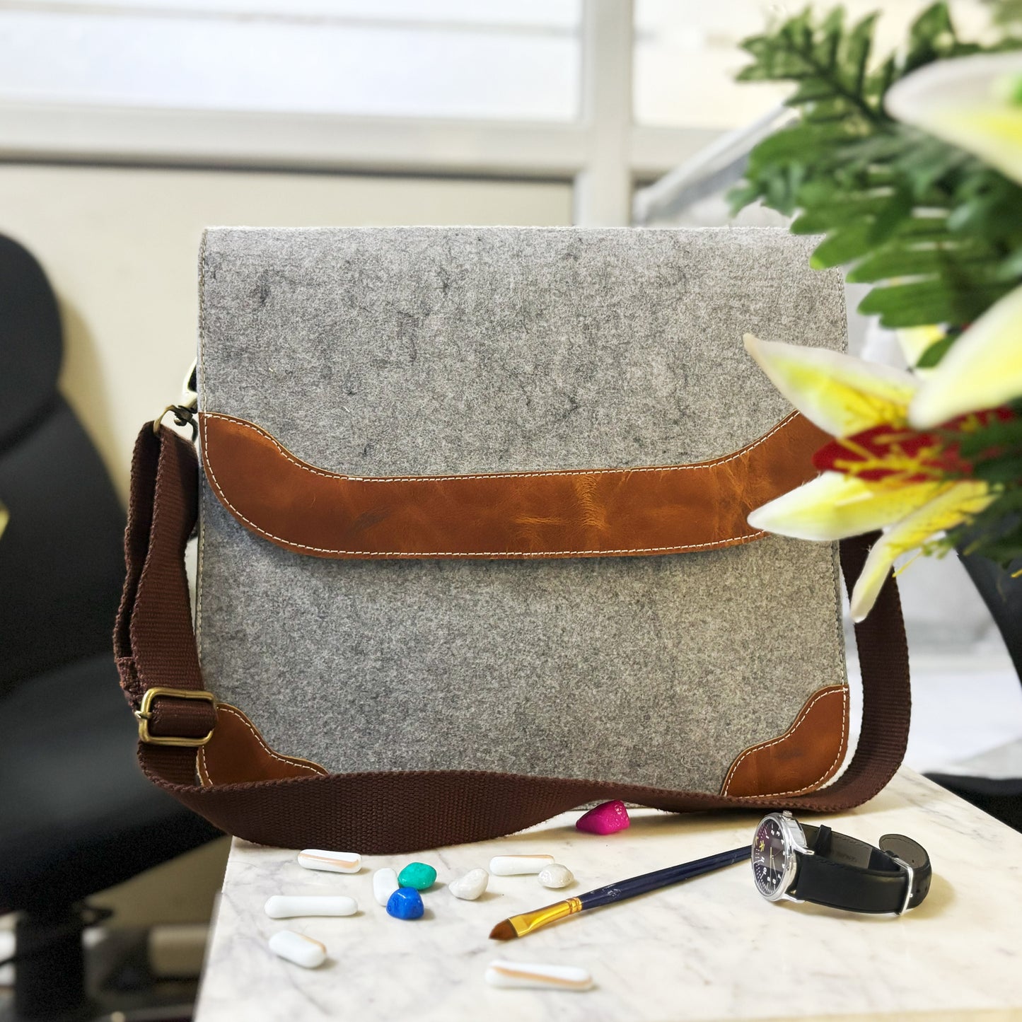 Grey Felt and Brown Leather Office Tablet and Mobile Storage Bag