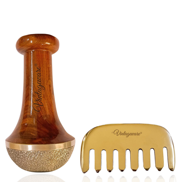 Vintageware® Ayurvedic Self-Care Combo | Kansa Comb & Kansa Vatki Foot Massager for Hair Growth, Scalp Health, & Foot Detox | Natural Relaxation Tools for Full-Body Wellness