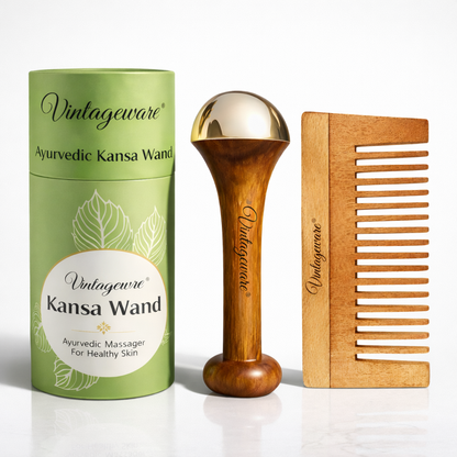 Vintageware® Kansa Wand Face & Foot Massager with Neem Wood Comb – Ayurvedic Tool