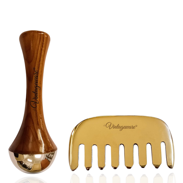 Vintageware® Ayurvedic Kansa Wellness Duo | Glossy Kansa Comb + Palm Grip Kansa Wand | Hair Growth, Scalp Massage, Face & Body Detox Tool for Men & Women