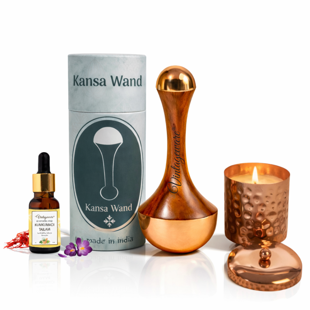 Vintageware® Ayurvedic Self-Care Combo – Kumkumadi Oil, Dual Kansa Wand & Soy Candle