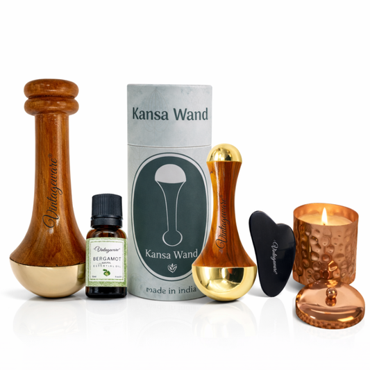 Vintageware® Ayurvedic Self-Care Spa Combo – Kansa Wand, Dual Wand, Gua Sha & Essential Oil