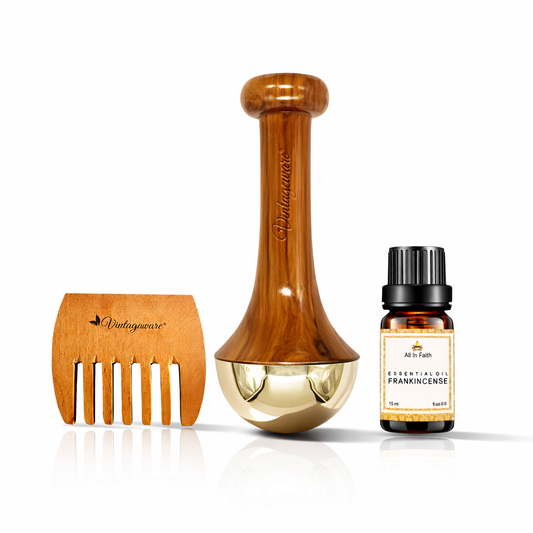 Ayurvedic Glow & Relaxation Combo – Kansa Wand, Neem Comb & Frankincense Oil