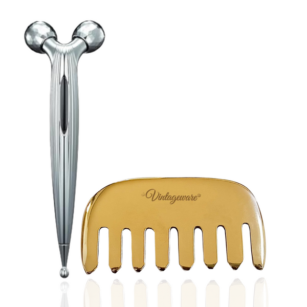 Vintageware® Ayurvedic Glow & Scalp Care Combo | Kansa Comb Massager + 3D Face Roller | Hair Growth, Scalp Relaxation, Facial Toning & Lymphatic Drainage