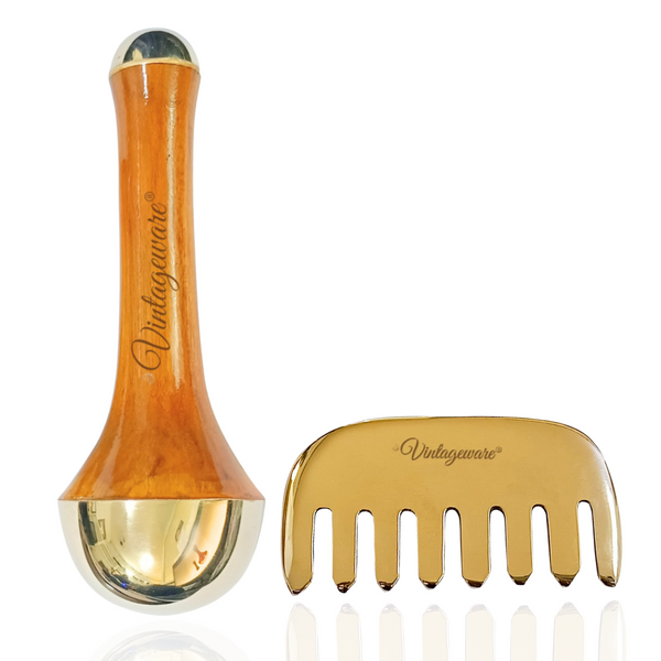 Vintageware® Ayurvedic Kansa Wellness Combo | Glossy Kansa Comb + Double-Sided Kansa Wand for Scalp, Face, Body & Foot Massage