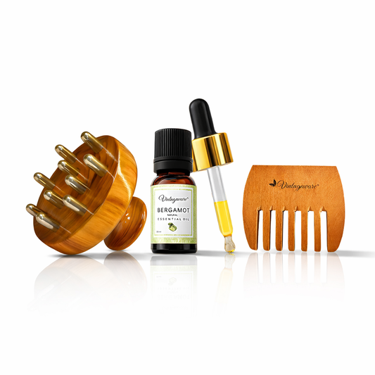 Ayurvedic Scalp Care Combo – Kansa Scalp Massager & Body Stimulator, Bergamot Oil & Neem Comb