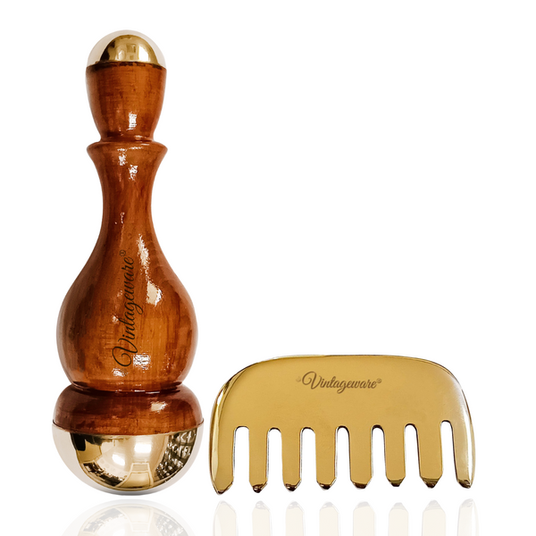 Vintageware® Ayurvedic Revive & Relax Combo | Glossy Kansa Comb + Double-Sided Oval Kansa Wand for Hair Growth, Scalp Massage & Full-Body Detox | Natural Self-Care Tools for Men & Women