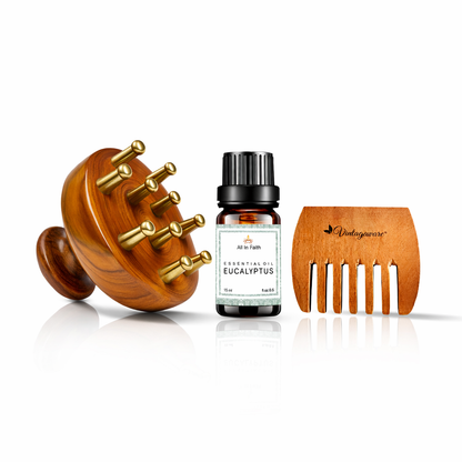 Ayurvedic Hair & Scalp Care Combo –Ayurveda Kansa Scalp Massager, Neem Comb & Eucalyptus Oil