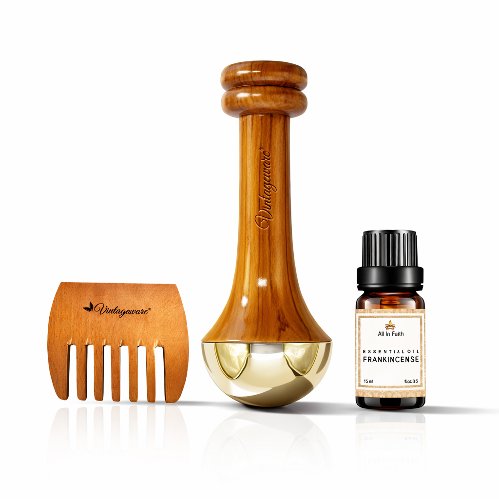 Ayurvedic Glow Combo – Kansa Wand, Neem Comb & Frankincense Oil