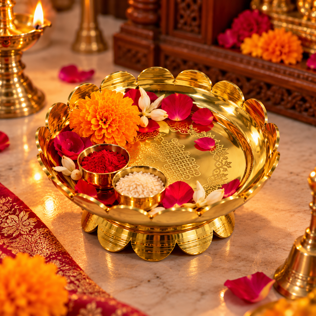 Brass Lotus Bowl for Pooja & Festive Decor | Traditional Brass Urli Bowl with Lotus Design | Decorative Pooja Bowl