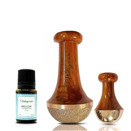 Vintageware® Ayurvedic Foot Care & Relaxation Combo | Kansa Vatki Foot Massager, Luxury Kansa Mushroom Wand & Mellow Foot Aromatherapy Oil (Set of 3)