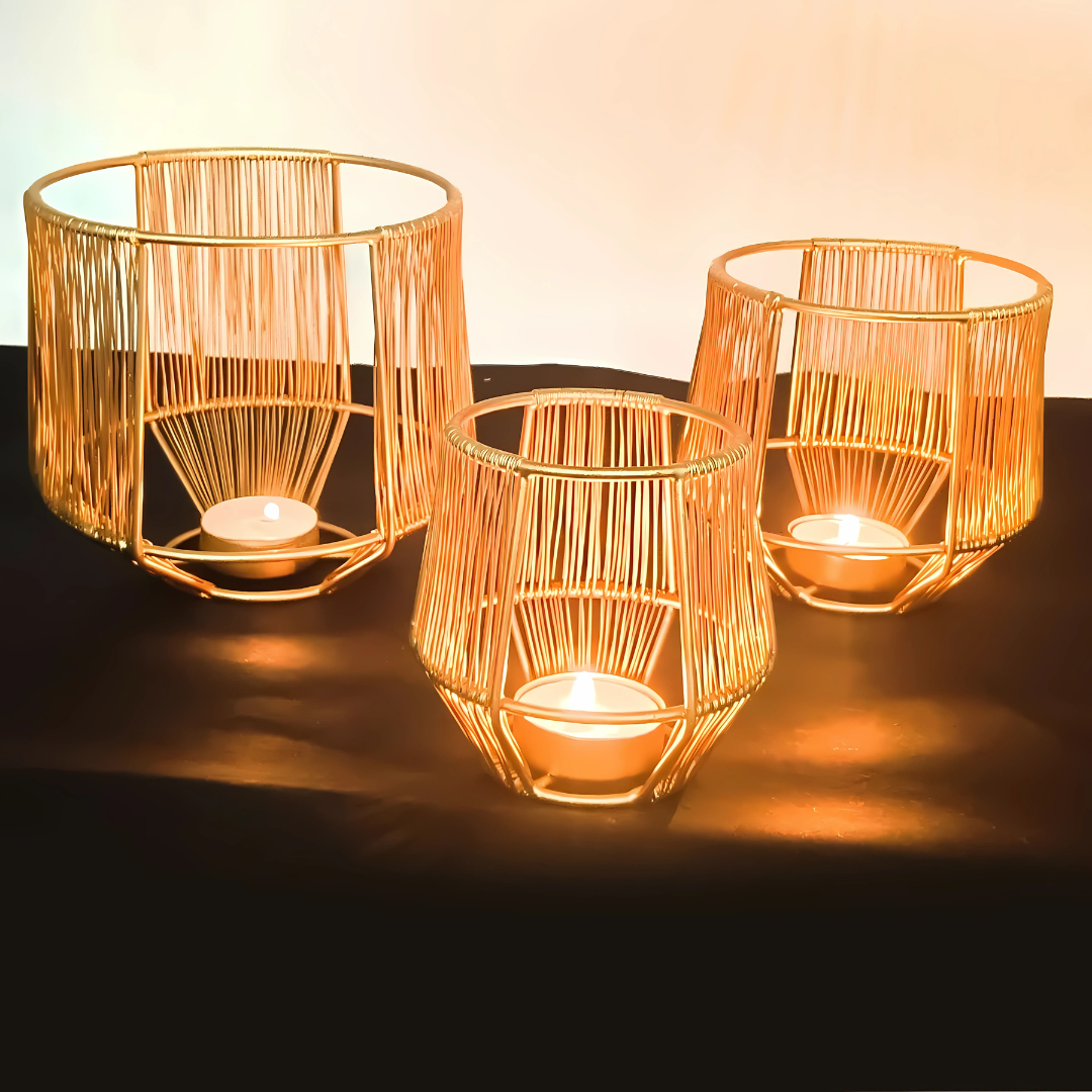 Vintageware® Gold Leaf Metal Tealight Candle Holders | Decorative Lantern for Diwali, Christmas, Table, Wedding & Home Decor, Set of 3