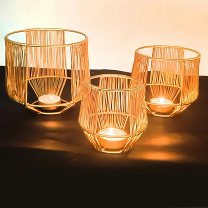 Vintageware® Gold Leaf Metal Tealight Candle Holders | Decorative Lantern for Diwali, Christmas, Table, Wedding & Home Decor, Set of 3