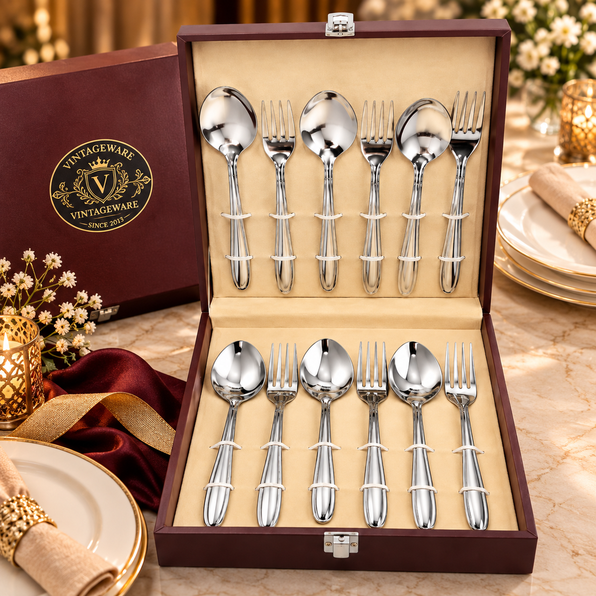 Vintageware 12-Piece Stainless Steel Cutlery Set with Premium Wooden Presentation Box – Spoon & Fork Set for Dining, Kitchen & Gifting