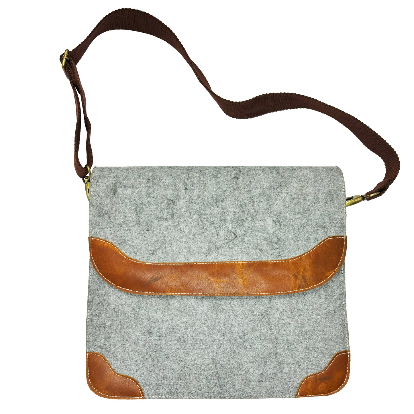 Grey Felt and Brown Leather Office Tablet and Mobile Storage Bag