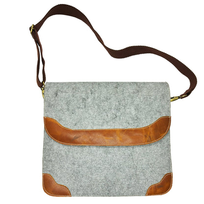 Grey Felt and Brown Leather Office Tablet and Mobile Storage Bag