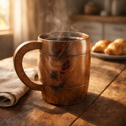 Handcrafted Wooden Beer Mug with Handle – Premium Lacquer Finish Rustic Wooden Coffee & Beer Cup for Home, Bar & Gifting