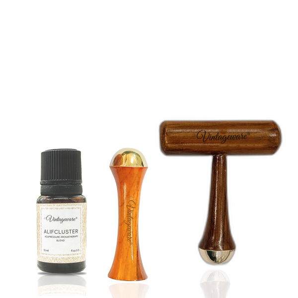 Vintageware® Ayurvedic Kansa Wand Massage & Aromatherapy Combo (Set of 3) – Acupressure Aromatherapy Oil (10ml) + Small Pocket Kansa Wand (7cm) + T-Marma Kansa Massager | Detox, Relaxation & Skin Glow