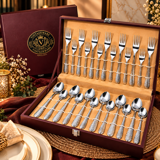 Vintageware 24-Piece Stainless Steel Cutlery Set with Premium Wooden Presentation Box – 12 Spoons & 12 Forks for Dining, Kitchen & Gifting