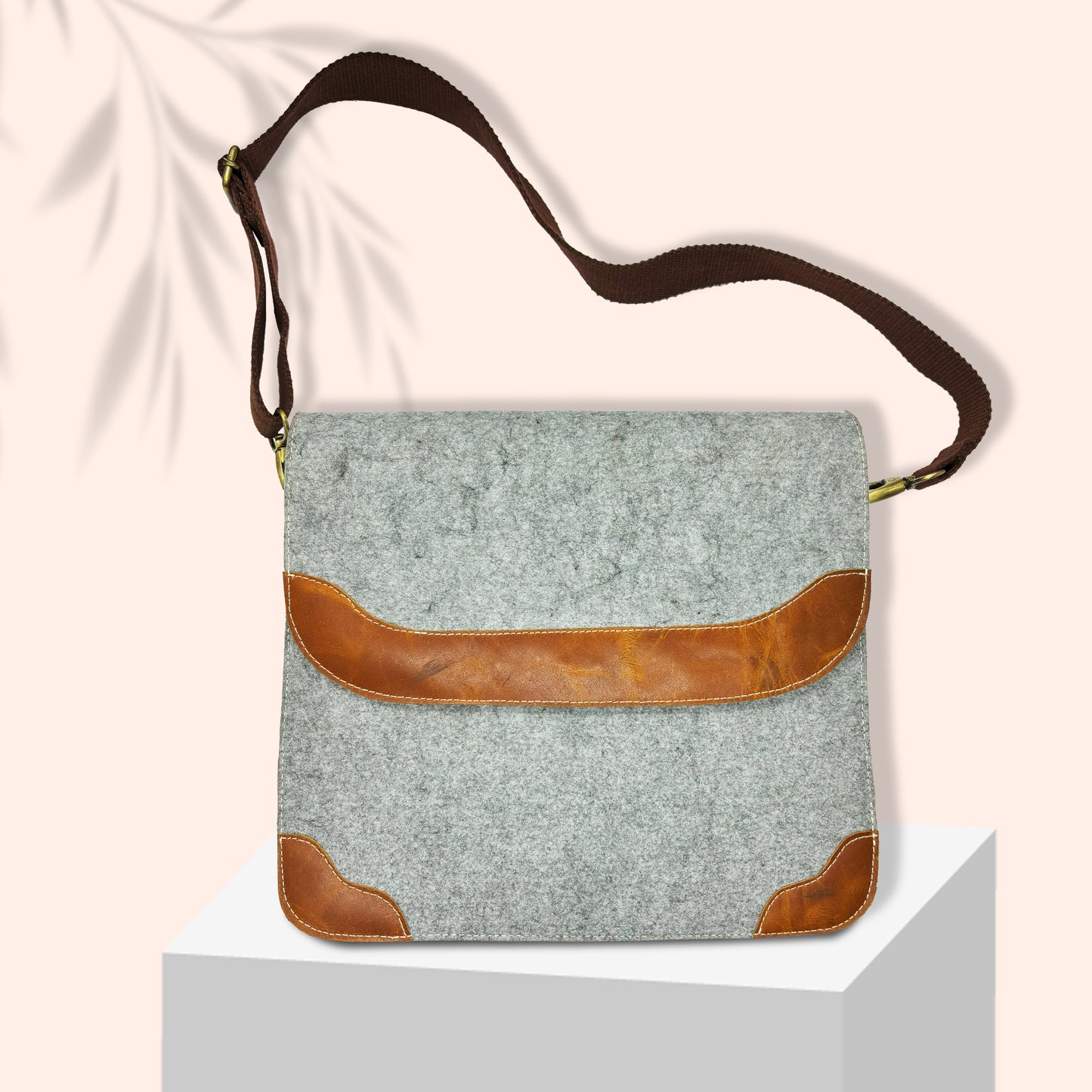 Grey Felt and Brown Leather Office Tablet and Mobile Storage Bag