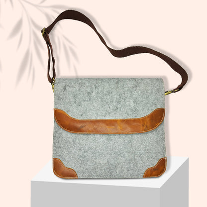 Grey Felt and Brown Leather Office Tablet and Mobile Storage Bag