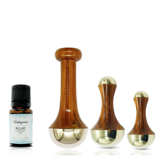 Vintageware® Ayurvedic Wellness Combo (Set of 4) – Allay Face Aromatherapy Blend Oil (10ml) + Luxury Double-Sided Kansa Wand (3.5” & 4”) + Acupressure Single Base Kansa Wand | Detox, Relaxation & Glowing Skin