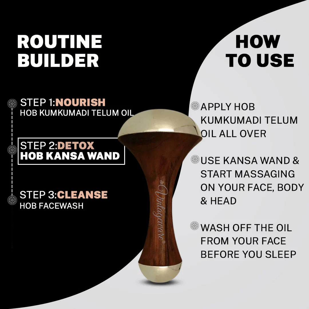 Vintageware® Double-Sided Kansa Wand Massager – Ayurvedic Foot & Face Tool with Teak Wood Handle for Detox, Pain Relief & Relaxation (4” Medium)