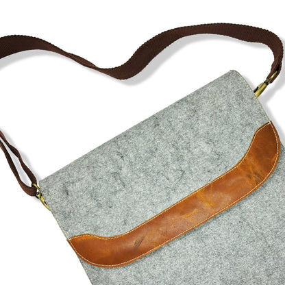 Grey Felt and Brown Leather Office Tablet and Mobile Storage Bag