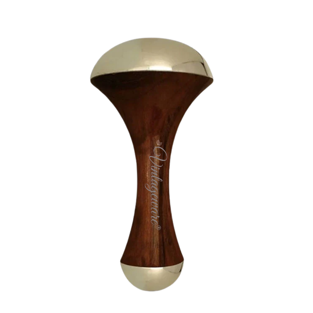 Vintageware® Double-Sided Kansa Wand Massager – Ayurvedic Foot & Face Tool with Teak Wood Handle for Detox, Pain Relief & Relaxation (4” Medium)