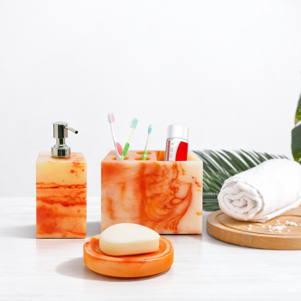 Vintageware® Resin Bathroom Accessories Set of 3 | Soap Dispenser, Toothbrush Holder & Soap Dish Tray | Elegant Resin Finish