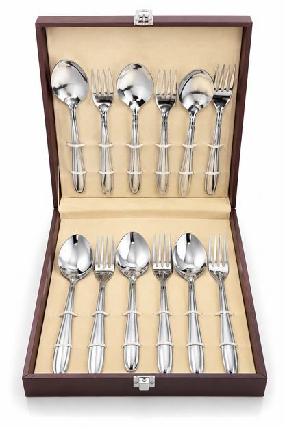 Vintageware 12-Piece Stainless Steel Cutlery Set with Premium Wooden Presentation Box – Spoon & Fork Set for Dining, Kitchen & Gifting