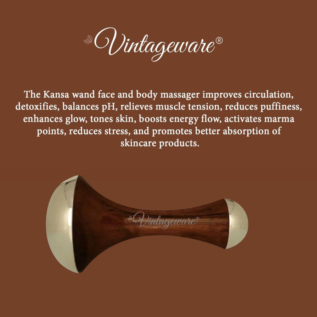 Vintageware® Double-Sided Kansa Wand Massager – Ayurvedic Foot & Face Tool with Teak Wood Handle for Detox, Pain Relief & Relaxation (4” Medium)