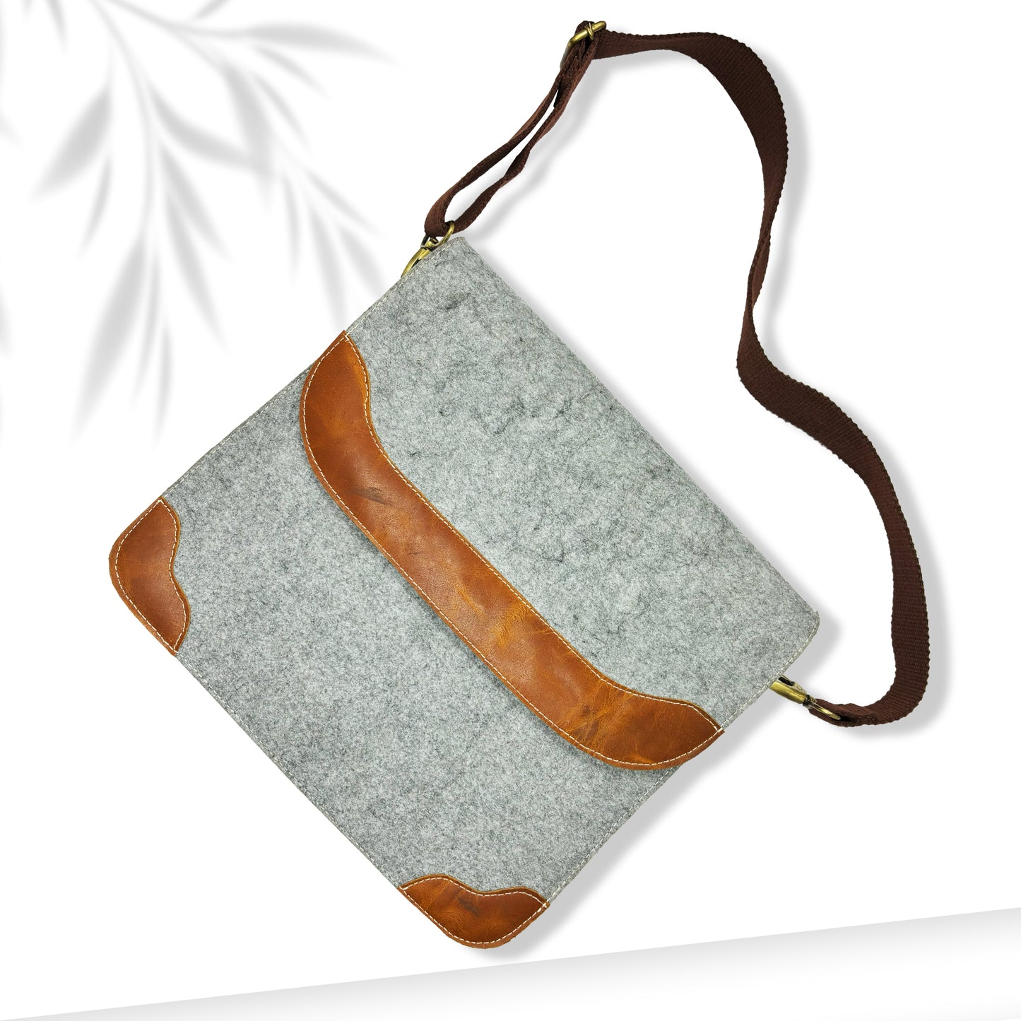 Grey Felt and Brown Leather Office Tablet and Mobile Storage Bag