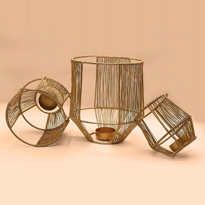 Vintageware® Gold Leaf Metal Tealight Candle Holders | Decorative Lantern for Diwali, Christmas, Table, Wedding & Home Decor, Set of 3