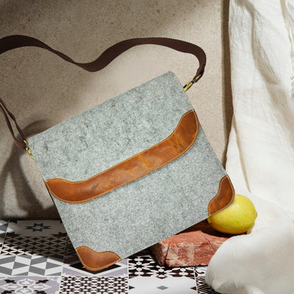 Grey Felt and Brown Leather Office Tablet and Mobile Storage Bag