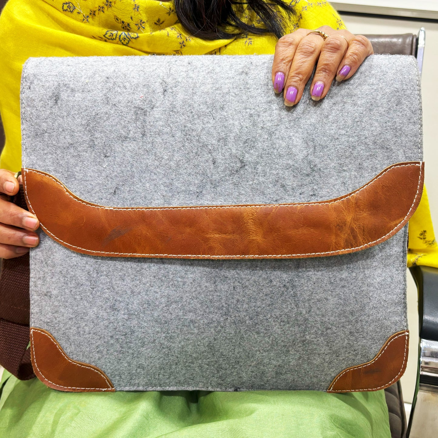 Grey Felt and Brown Leather Office Tablet and Mobile Storage Bag