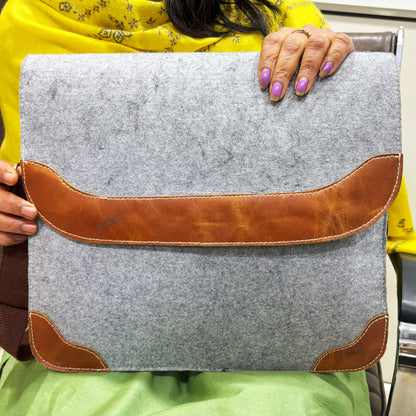 Grey Felt and Brown Leather Office Tablet and Mobile Storage Bag